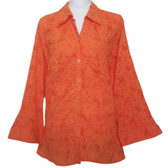 4/$20 Antilia Femme Orange Floral Print Semi Sheer Pleated Blouse 2X Plus Size - Picture 1 of 5